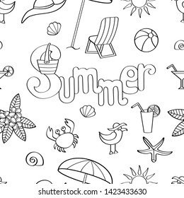 Vector abstract seamless pattern on the theme of summer vacation at sea, coloring page for kids and adults