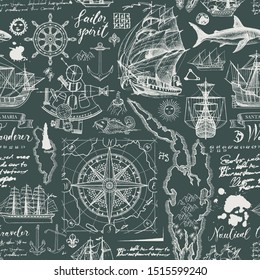 Vector abstract seamless pattern on the theme of travel, adventure and discovery. Vintage repeatable background with hand-drawn sailboats, map, wind rose, anchors, sketches, inscriptions and ink blots