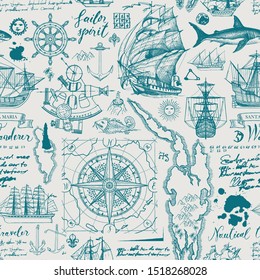 Vector abstract seamless pattern on the theme of travel, adventure and discovery. Vintage repeatable background with hand-drawn sailboats, map, wind rose, anchors, sketches, inscriptions and ink blots