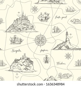 Vector abstract seamless pattern on the theme of travel, adventure and discovery. An old hand-drawn map with Islands, dotted routes, lighthouses, sailboats, and handwritten inscriptions in retro style