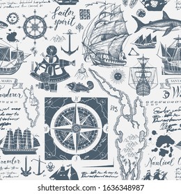 Vector abstract seamless pattern on the theme of travel, adventure, discovery. Vintage background with hand-drawn sailboats, wind roses, anchors, sketches, unreadable notes, inscriptions and ink blots