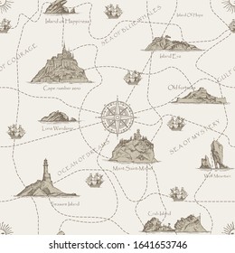 Vector abstract seamless pattern on the theme of travel, adventure and discovery. Old hand-drawn map with Islands, lighthouses, sailboats, and dotted routes in retro style