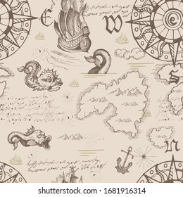 Vector Abstract Seamless Pattern On The Theme Of Travel, Adventure And Discovery. Vintage Repeating Background With Hand-drawn Sailboats, Map, Anchors And Sea Monsters.