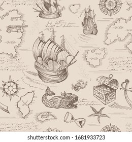 Vector abstract seamless pattern on the theme of travel, adventure and discovery. Vintage repeating background with hand-drawn sailboats, map, anchors and sea monsters.