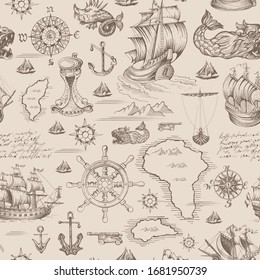 Vector abstract seamless pattern on the theme of travel, adventure and discovery. Vintage repeating background with hand-drawn sailboats, map, anchors and sea monsters.
