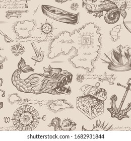Vector abstract seamless pattern on the theme of travel, adventure and discovery. Vintage repeating background with hand-drawn sailboats, map, anchors and sea monsters.