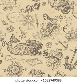 Vector abstract seamless pattern on the theme of travel, adventure and discovery. Vintage repeating background with hand-drawn sailboats, map, anchors and sea monsters. Mature Content.