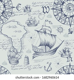 Vector abstract seamless pattern on the theme of travel, adventure and discovery. Vintage repeating background with hand-drawn sailboats, map, anchors and sea monsters.
