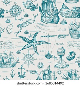 Vector abstract seamless pattern on the theme of travel, adventure and discovery and pirates. Vintage repeating background with hand-drawn ships, anchors and starfish.