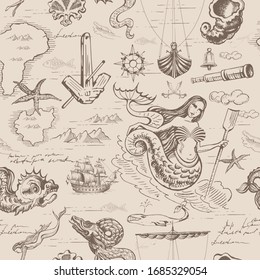 Vector abstract seamless pattern on the theme of travel, adventure and discovery and pirates. Vintage repeating background with hand-drawn ships, anchors, islands and sea monsters.