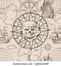 Vector abstract seamless pattern on the theme of travel, adventure and discovery and pirates. Vintage repeating background with painted from jolly Roger, boats and cannons.