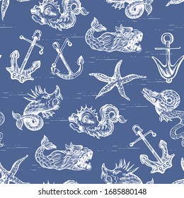 Vector abstract seamless pattern on the theme of travel, adventure and discovery and pirates. Vintage repeating background with hand-drawn sea monsters and ship anchors.