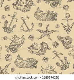 Vector abstract seamless pattern on the theme of travel, adventure and discovery and pirates. Vintage repeating background with hand-drawn sea monsters and ship anchors and shells.