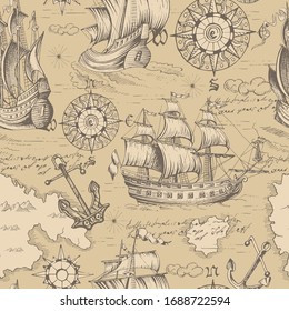 Vector abstract seamless pattern on the theme of travel, adventure and discovery and pirates. Vintage repeating background with hand-drawn ships, anchors, wind rose and islands.