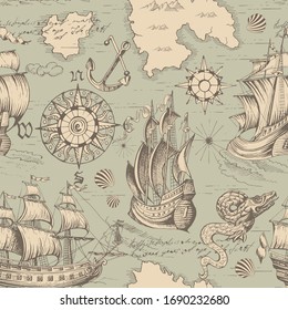 Vector abstract seamless pattern on the theme of travel, adventure and discovery and pirates. Vintage repeating background with hand-drawn ships, anchors, wind rose and islands.