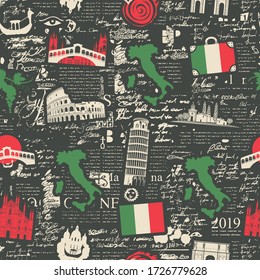 Vector abstract seamless pattern on the theme of Italy with Italian symbols, architectural landmarks and a map, Italian flag on a background of unreadable doodles and spots in retro style.