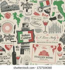 Vector abstract seamless pattern on the theme of Italy and Italian cuisine in the colors of the Italian flag in retro style. Suitable for wallpaper, wrapping paper, fabric