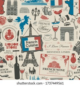 Vector abstract seamless pattern on the theme of France and French cuisine in the colors of the French flag in retro style. Suitable for wallpaper, wrapping paper, fabric, background, package