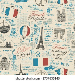 Vector abstract seamless pattern on the theme of France and Paris with French symbols, architectural landmarks and a map in colors of French flag on the background of newspaper page in retro style