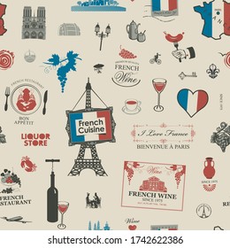 Vector abstract seamless pattern on the theme of France and French cuisine in retro style on a light background. Suitable for background, wallpaper, wrapping paper, fabric, package