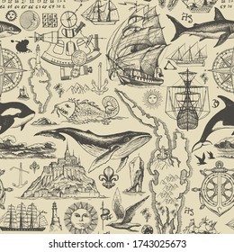 Vector abstract seamless pattern on the theme of travel, adventure and discovery. Vintage illustration with hand-drawn sketches of sailboats, islands, old maps, fishes on the old paper background