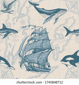 Vector abstract seamless pattern on the theme of sea travel, adventure, discovery. Old map background with islands, hand-drawn sailboats and various sea inhabitants in retro style