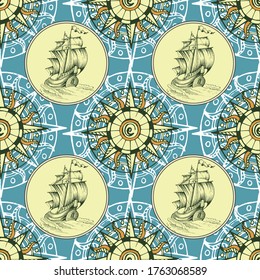 Vector abstract seamless pattern on the theme of travel, adventure and discovery. Vintage repeating background with hand-drawn sailboats, map, anchors and sea monsters.