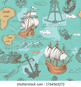 Vector abstract seamless pattern on the theme of travel, adventure and discovery. Vintage repeating background with hand-drawn sailboats, map, anchors and sea monsters.