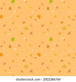Vector - Abstract seamless pattern on fall maple leaves, butterfly, flower on orange background. Autumn season. Can be use for print, paper, wrapping, backdrop, wallpaper.