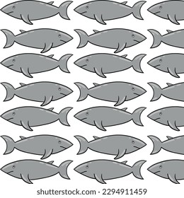 Vector abstract seamless pattern on the theme of the sea, travel, adventure and discovery. Vintage repeat background with hand drawn sketches of fish, shark, tuna
.