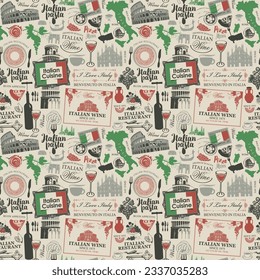 Vector abstract seamless pattern on the theme of Italy and Italian cuisine in the colors of the Italian flag in retro style. Suitable for wallpaper, wrapping paper, fabric