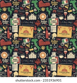 Vector abstract seamless pattern on the theme of Italy and Italian cuisine in the colors of the Italian flag in retro style. Suitable for wallpaper, wrapping paper, fabric