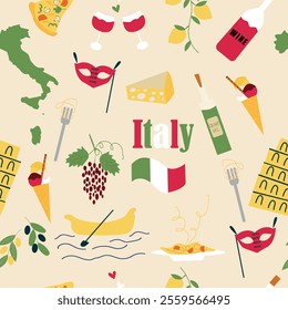 Vector abstract seamless pattern on the theme of Italy and Italian cuisine in retro style on the black background. Suitable for wallpaper, wrapping paper, fabric.