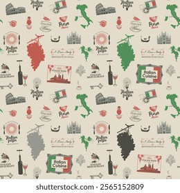 Vector abstract seamless pattern on the theme of Italy with Italian symbols, architectural landmarks and a map in the colors of the Italian flag on the background of handwriting text in retro style.