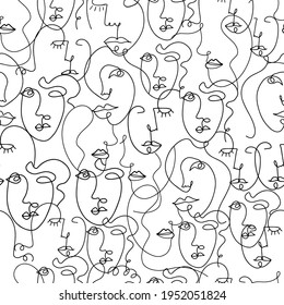 Vector abstract seamless pattern. One line art. Faces. Vector illustration.