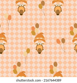 Vector - Abstract Seamless Pattern Of Orange Checkered With Cute Gnome Ride Motorcycle And Balloon. Autumn, Fall Season. Can Be Use For Print, Paper, Fabric, Wrapping, Cloth.