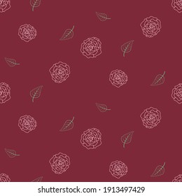 Vector - Abstract seamless pattern of outline rose and green leaves on dark red background. Can be use for card, print, paper, wrapping, fabric.