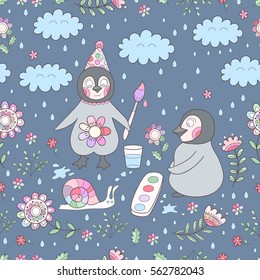 Vector abstract seamless pattern with penguins and flowers. Cute floral print with clouds and rain.