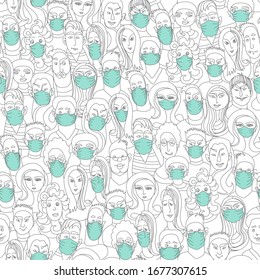 Vector abstract seamless pattern with people in green medical protective masks on a white background. Coronavirus, flu epidemic, infectious diseases concept, web page fill, wallpaper, brochure cover