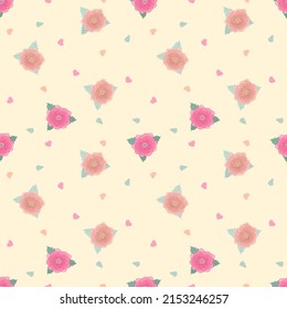 Vector - Abstract seamless pattern of pink rose, green leaves and min hearts on light yellow background. Can be use for print, paper, pillow, fabric, wrapping.