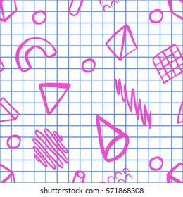 Vector abstract seamless pattern with pink geometric shapes on the background grid