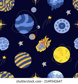 Vector abstract seamless pattern of an planets, galaxy, asteroids, stars, moon. Science fiction drawing for poster, cover or background.