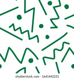 Vector abstract seamless pattern. Prints green lines and hand drawn points on a white isolated background. Design for wallpaper, textiles, web, social media wrapping paper, packaging, banner.