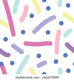 Vector abstract seamless pattern. Prints pastel colors lines and hand drawn points on a white isolated background. Design for wallpaper, textiles, web, social media wrapping paper, packaging, banner.