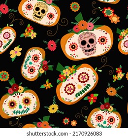 Vector - Abstract seamless pattern of pumpkin with flower on black background. Dia de muertos, Halloween concept. Can be use for print, paper, fabric, wallpaper.
