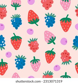 Vector abstract seamless pattern with raspberry, blueberry, strawberry and blackberry. Trendy hand drawn texture. Modern abstract design for paper, cover, fabric.