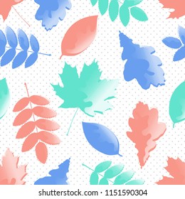 Vector abstract seamless pattern with red, blue and green textured silhouette of maple, oak, rowan and chokeberry leaves on the white background with little circles.
