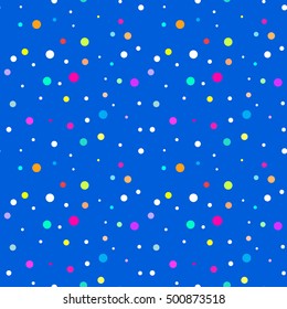 Vector abstract seamless pattern. Repeating background, texture. Round colorful confetti isolated on blue winter background.