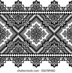 Vector abstract seamless pattern ribbon embroidery traditional folk art pixel art style, type 3, grey-black