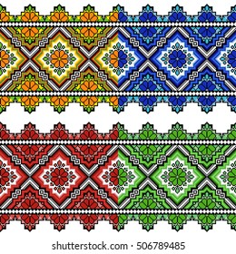 Vector abstract seamless pattern ribbon embroidery traditional folk art pixel art style, type 3, set